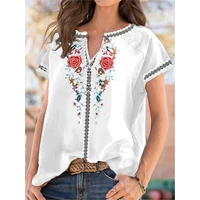 summer fashion retro western ethnic style top 2022 new sexy v neck casual print stitching short sleeved loose t shirt