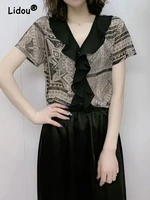 elegance office ruffles printing button top women summer new classic short sleeve v neck fashion temperament shirt 2022