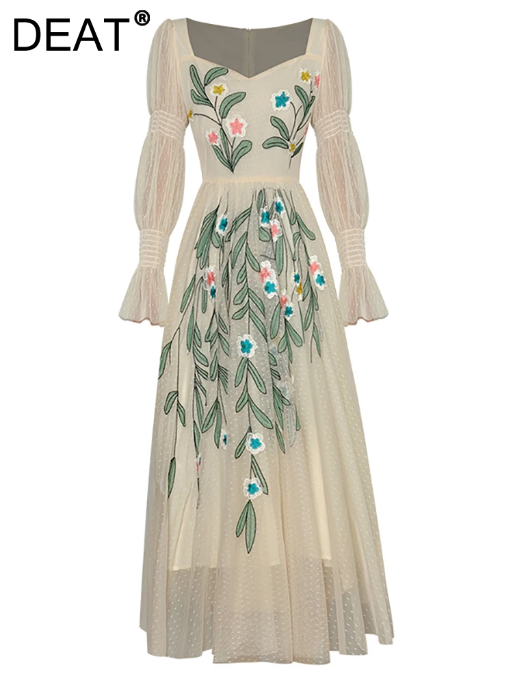

[DEAT] Women Evening Dress Square Collar Long Sleeve Waist Embroidery Gauze Fashion Female Party Dresses Summer 2023 New13DB1779