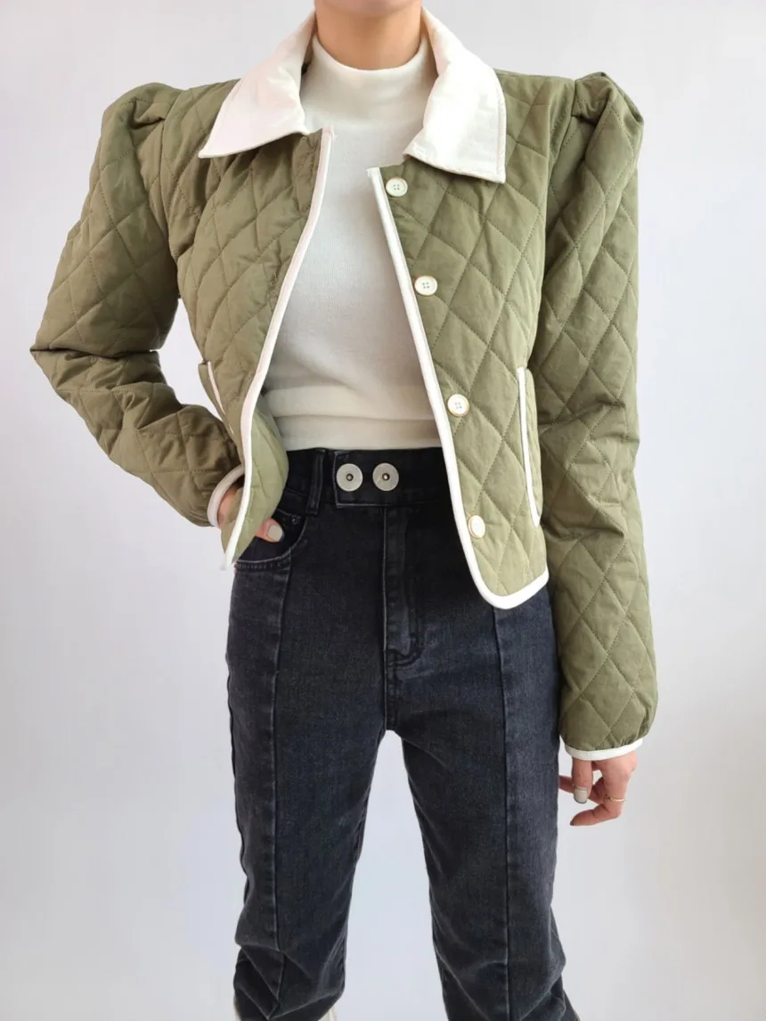 2022 Office Wear Puff Sleeve Slim Fashion Coats Cotton-padded Jackets Women Stylish Winter High Street Chic Gentle
