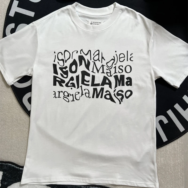 

MM6 Pure Cotton T-Shirt Graffiti Personalized Letter Printing High Street Round Neck Extra Large Top Short Sleeve