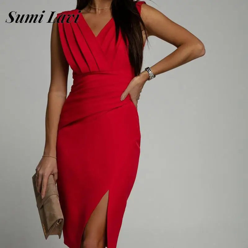 

Женское плиссированное платье миди, однотонное облегающее платье с высокой талией и разрезом сбоку, элегантное офисное платье без рукавов с V-образным вырезом, новинка 2023