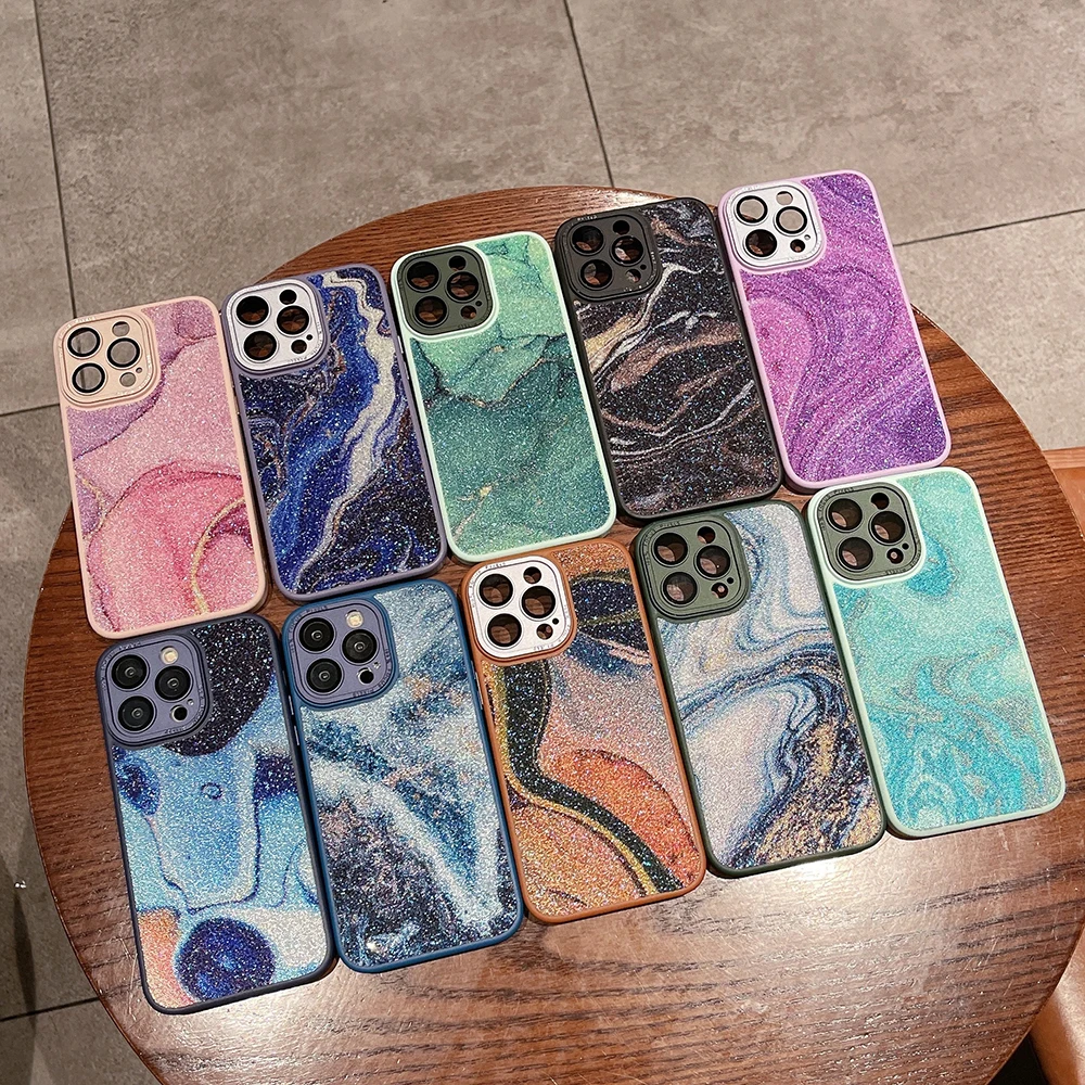 

luxury 2023 Watercolor Shinning Phone Case For iPhone 14 Pro Max 13 12 11 Diamond Colorful Marble Soft TPU Back Shockproof Cover
