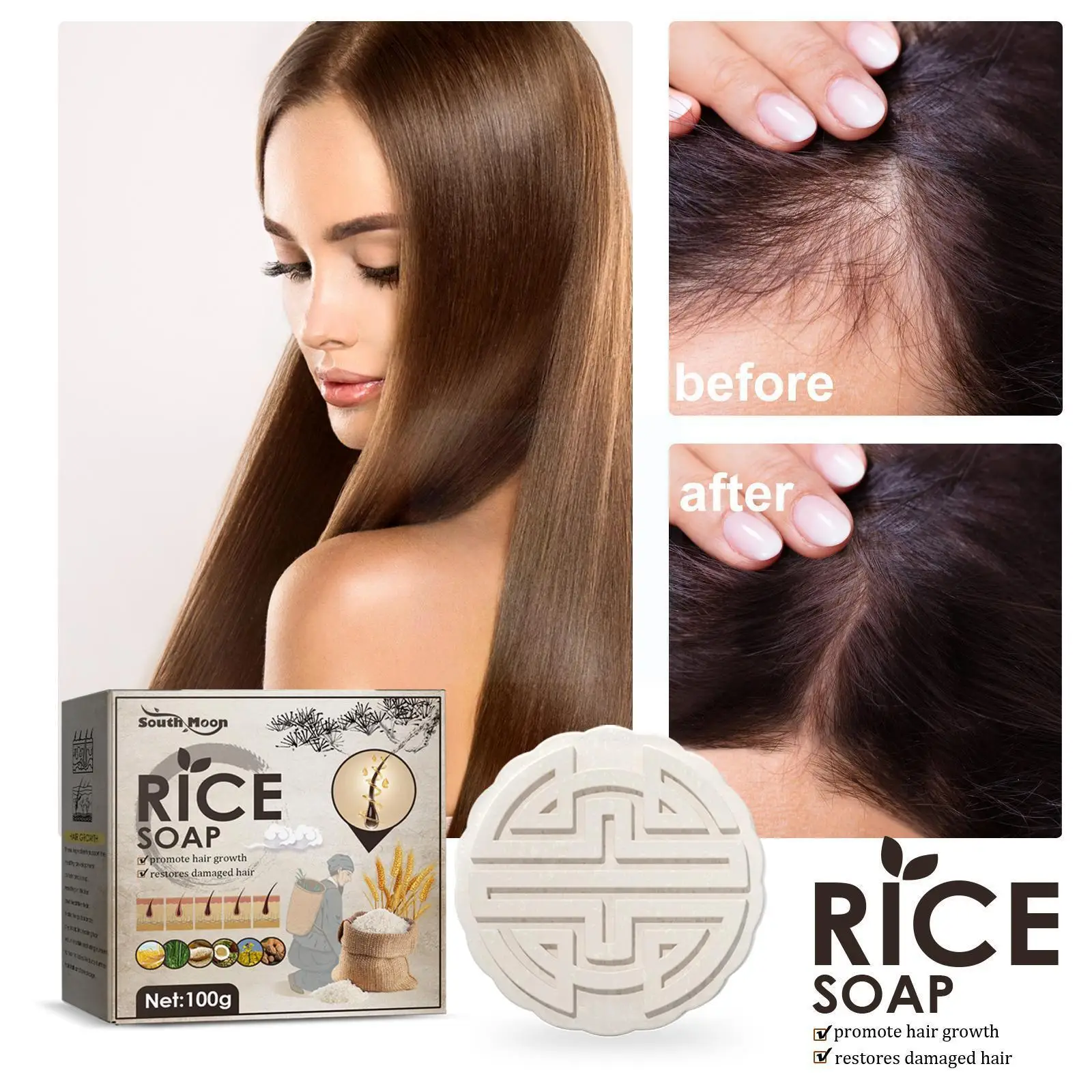 

100g Rice Shampoo Soap Handmade Rice Soap Gentle Nourishing Growth I0v5 Hair Soap Care Cleansing Shampoo Water Conditioner K2H2
