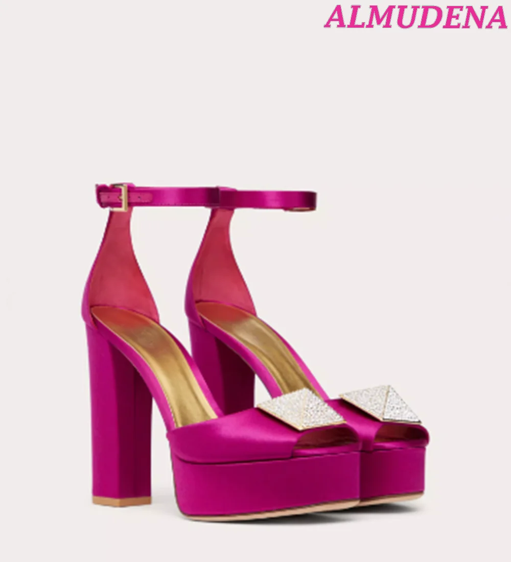 Crystal One Stud Open Toe Platform Pumps Women Patent Leather Chunky Heel Ankle Strap Sandals Satin High Heels Designer Shoes