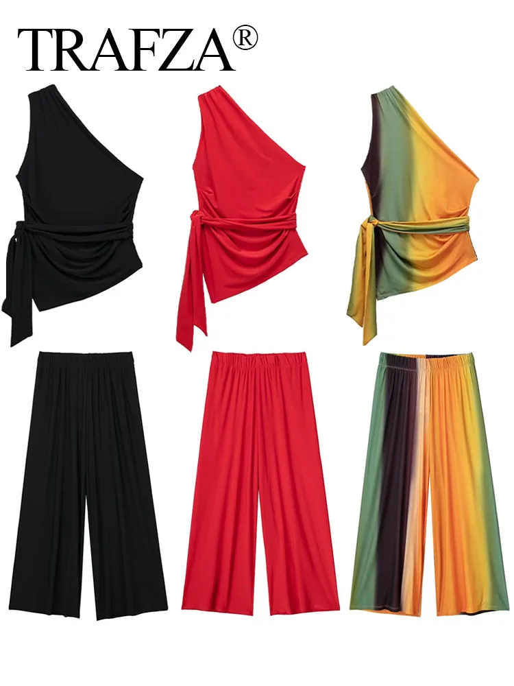 

TRAFZA Woman's New Fashion Vintage Tricolor 2 Piece Suit Asymmetric Wrinkle Tops＋Female Casual Mid Waist Slim Wide Leg Pants