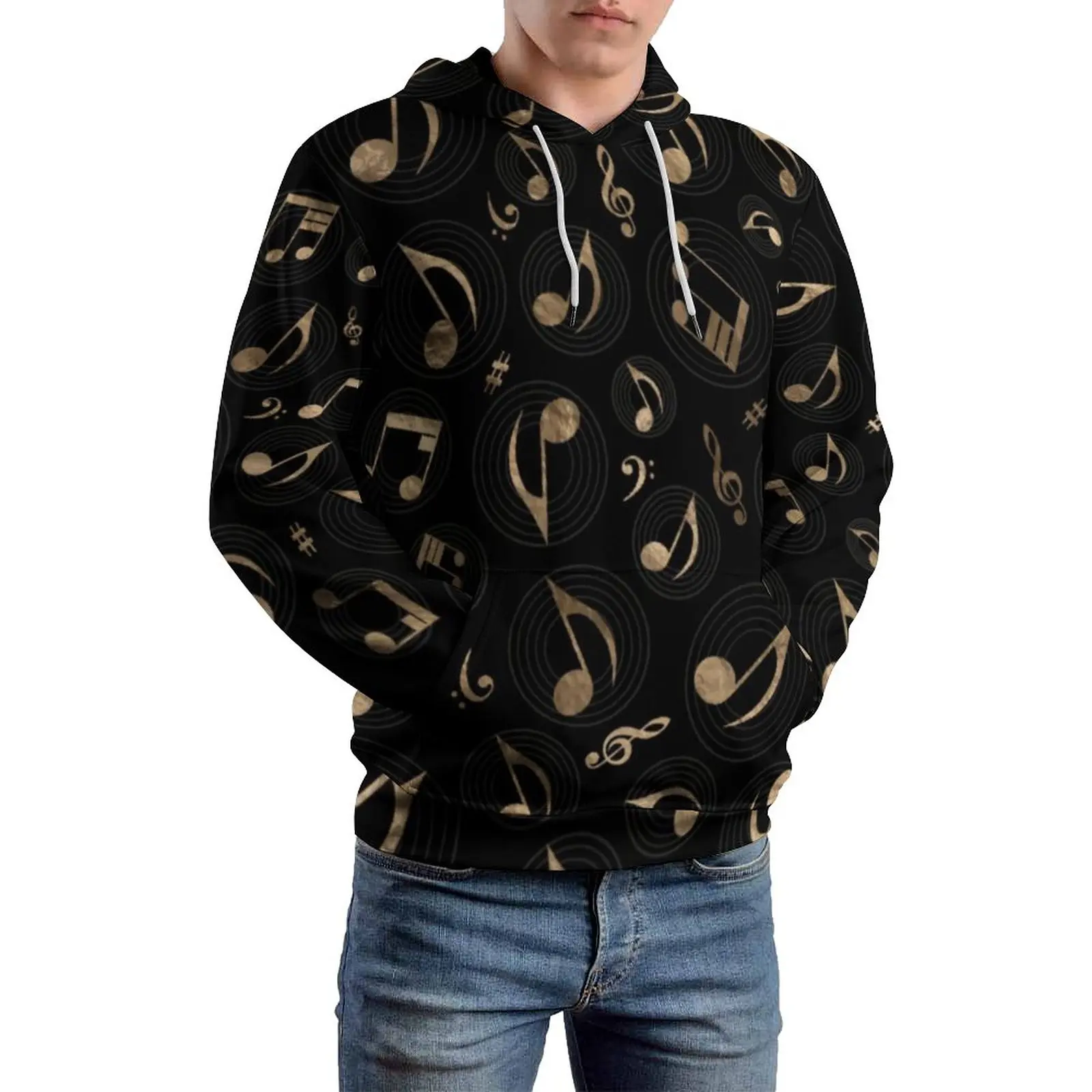 

Music Notes Casual Hoodies Long Sleeve Black and Gold Cute Hoodie Autumn Unisex Loose Oversize Design Sweatshirts
