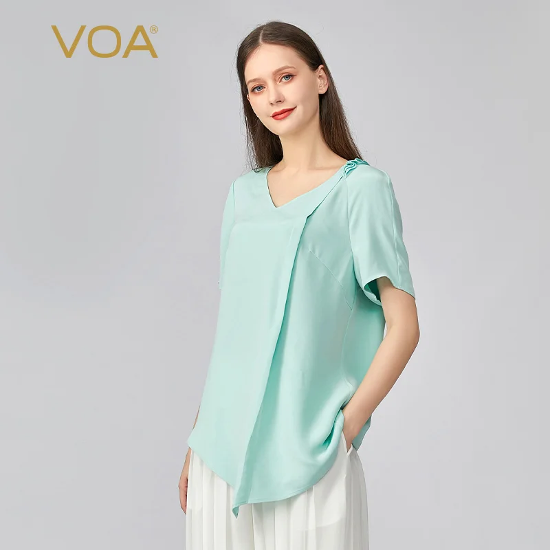 

VOA простая Асимметричная однотонная шелковая женская футболка с v-образным вырезом, летняя повседневная женская футболка с короткими рукав...