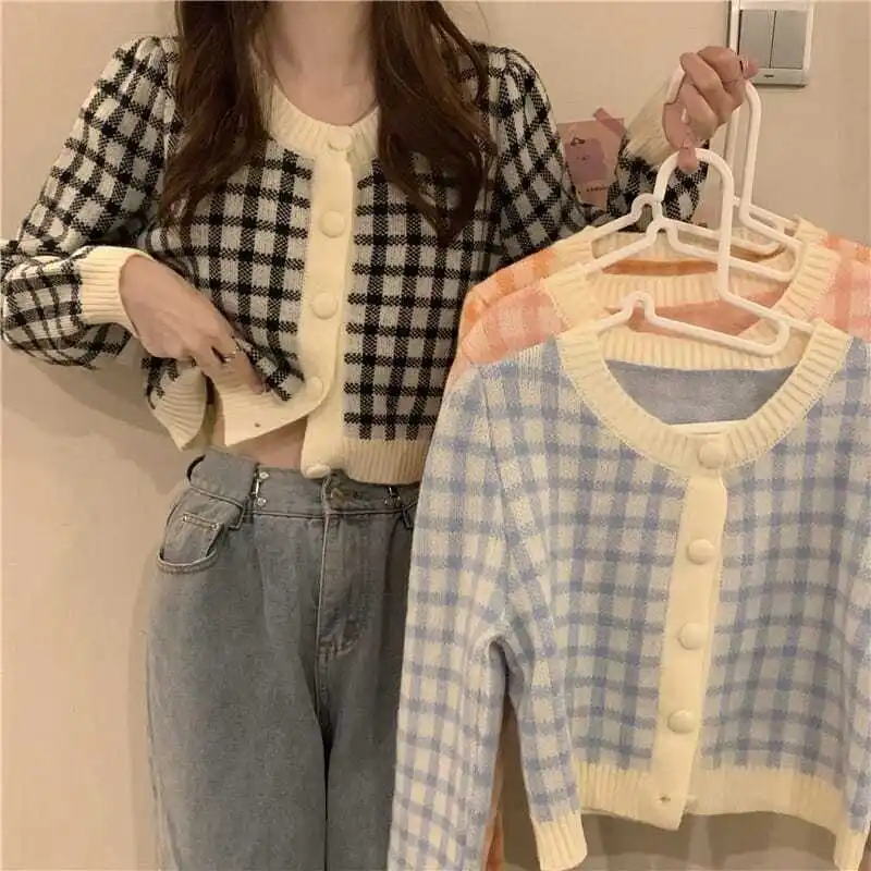 

Plaid Women's Sweater Loose Long Sleeves Spring and Autumn Korean Fashion Chic Short Cardigan for Women Kawaii Sweater