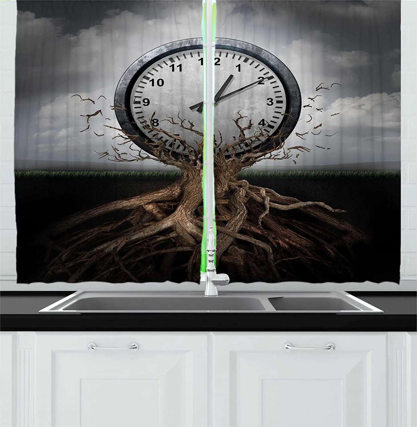 

Clock Blackout Curtains Vintage Clocks Breaking Free From Tree Trunks Surrealist Strategic Kitchen Cafe Curtains