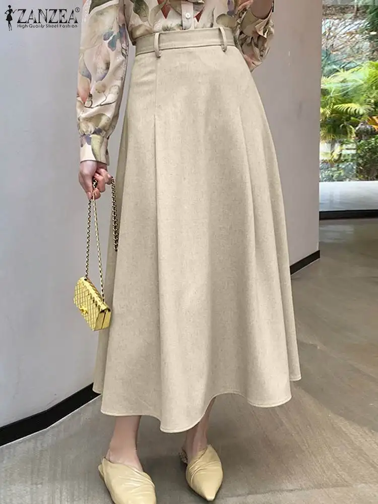 

ZANZEA Loose Elegant Office Faldas 2023 Summer Women High Waist Skirt Solid Casual A-line Swing Midi Jupe Vintage Holiday Skirts