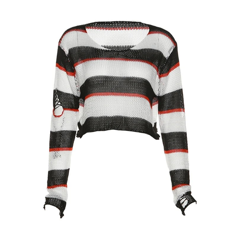 

CPDD Pink Striped Gothic Sweaters Women Ripped Holes Loose Knitted Pullover Jumpers