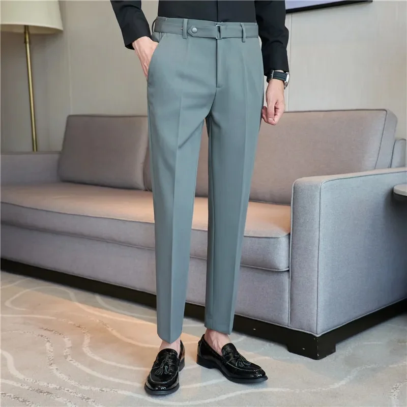 

Men High Waist Trousers 2023 Autumn British Style Solid Color Casual Dress Pants Slim Fit Formal Suit Fashion Clothing