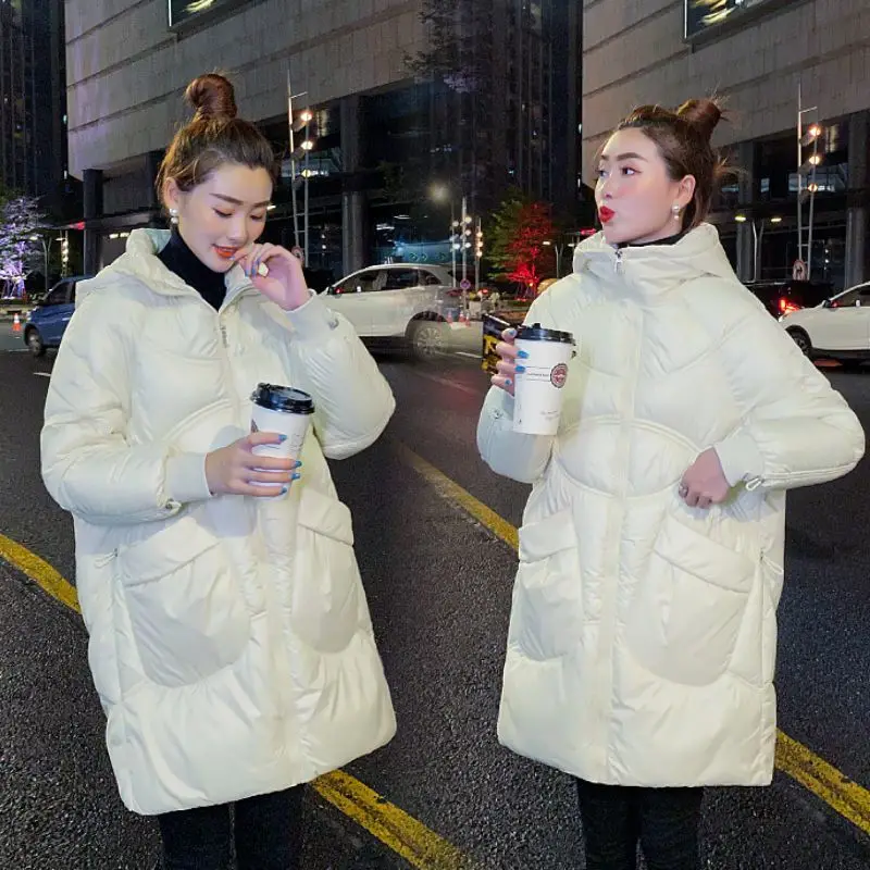 2023 Mid-length Glossy Women's Padded Coat Commute Dignified Hooded Loose Thick Warm Parkas Wild Bread Clothes Women's Clothing