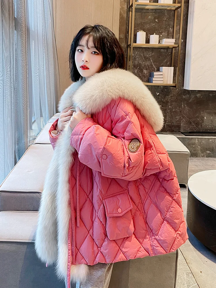 Coat Women Winter Jacket 2022 New Cotton Parkas Detachable Faux Fur Navy Mid-Length Overcome