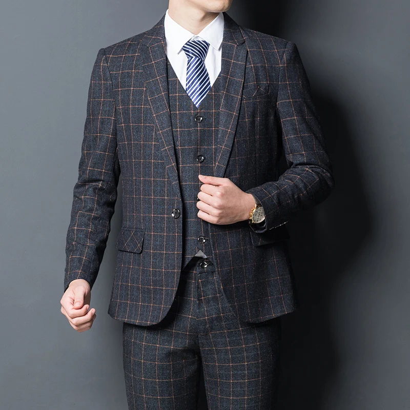 

High-end boutique business (suit + waistcoat + trousers) fashionable British dress casual solid colour plaid three pieces set