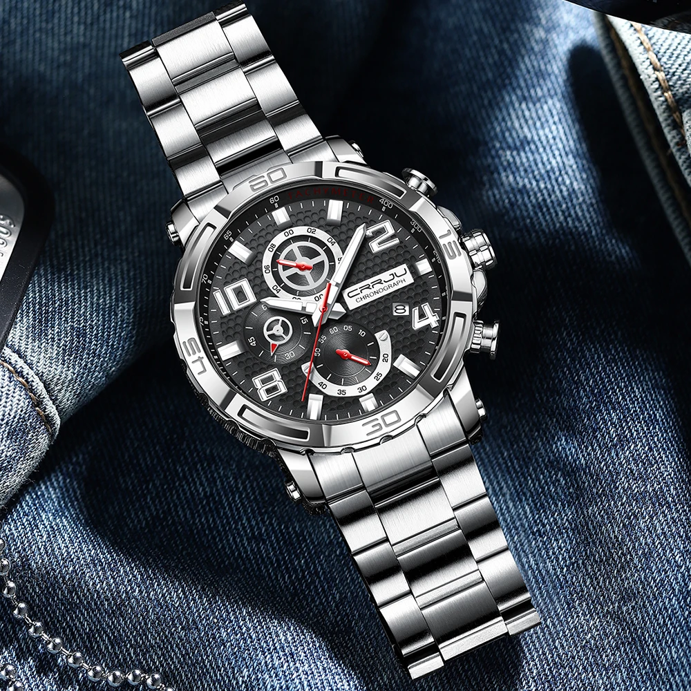 CRRJU мужские часы с большим циферблатом водонепроницаемые из нержавеющей стали со