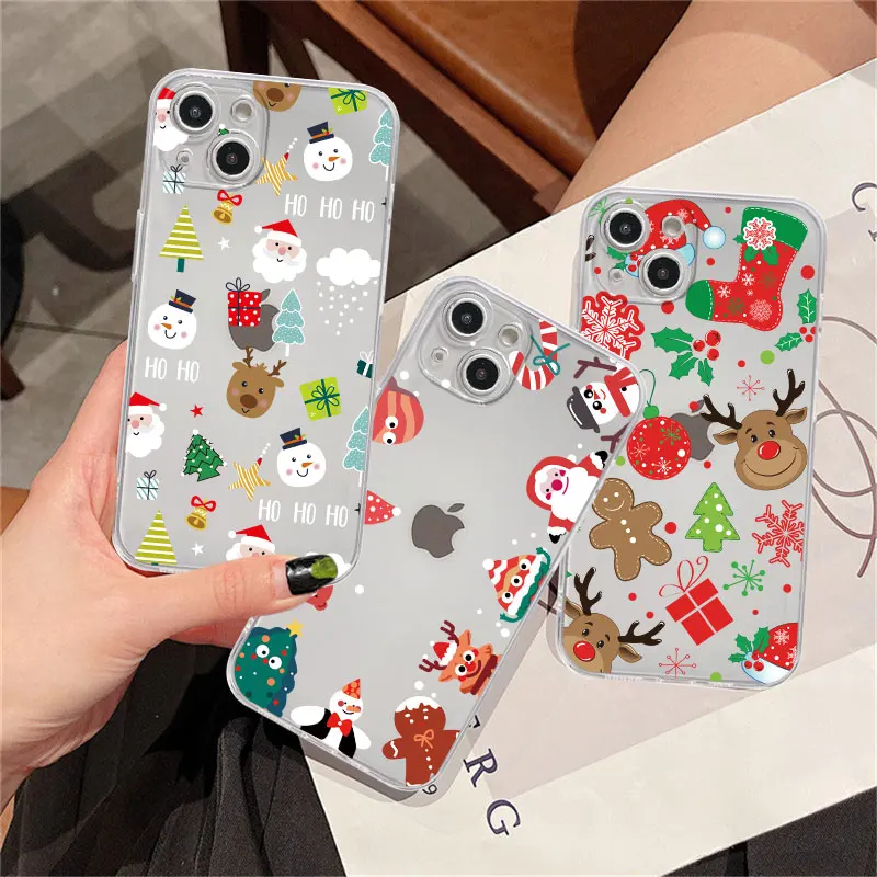 

Clear Case For Apple iPhone 14 11 13 12 Pro 7 8 Plus XR X XS Max 6 6S 13Pro Silicone Phone Cover Christmas Santa Claus Elk