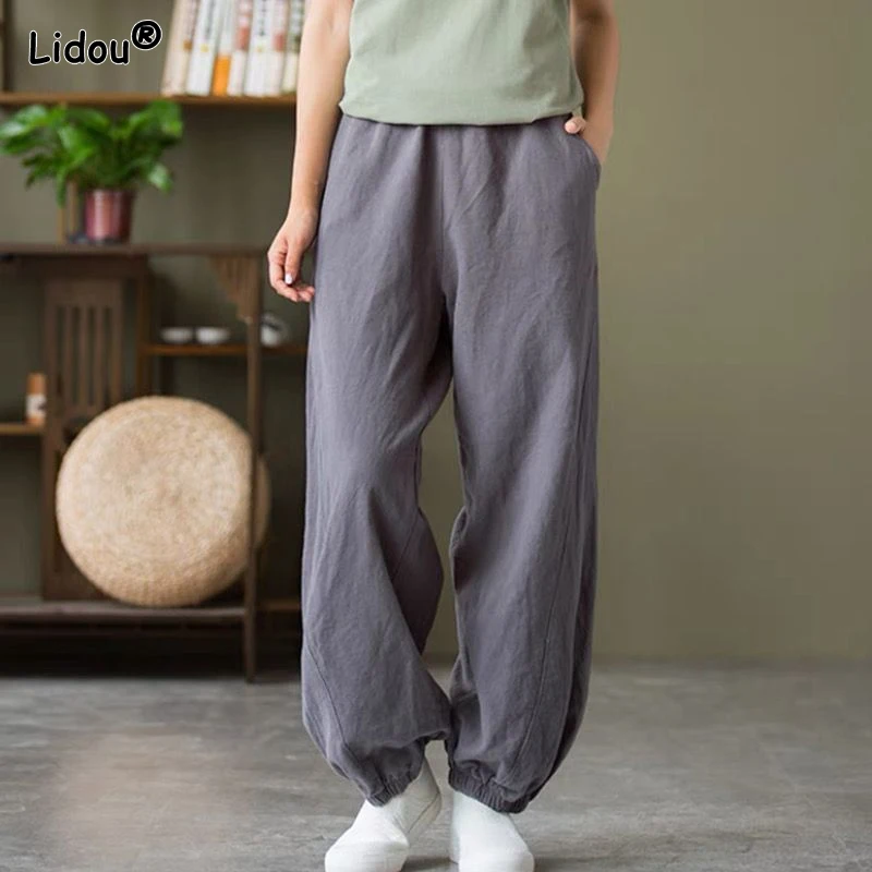 

Удобные брюки до щиколотки с эластичным поясом, простые прямые однотонные плиссированные винтажные повседневные женские брюки с карманами
