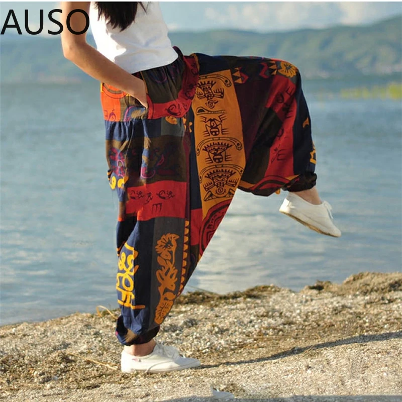 

Baggy Harem Pants Women Causal Print Hippie Joggers Cross-Pants Loose Trousers Aladdin Lantern Wide Leg Cotton Linen Pants Plus