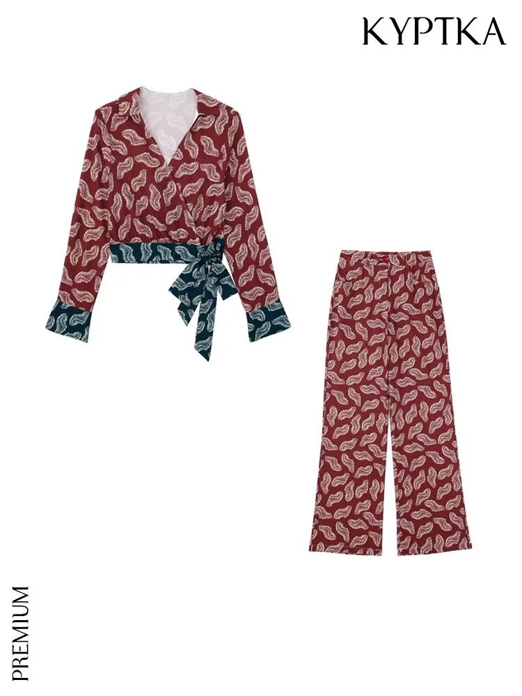 

KYPTKA Women Fashion With Bow Tied Printed Crop Wrap Blouses And High Waist Zipper Fly Pants Female Two Piece Sets Mujer