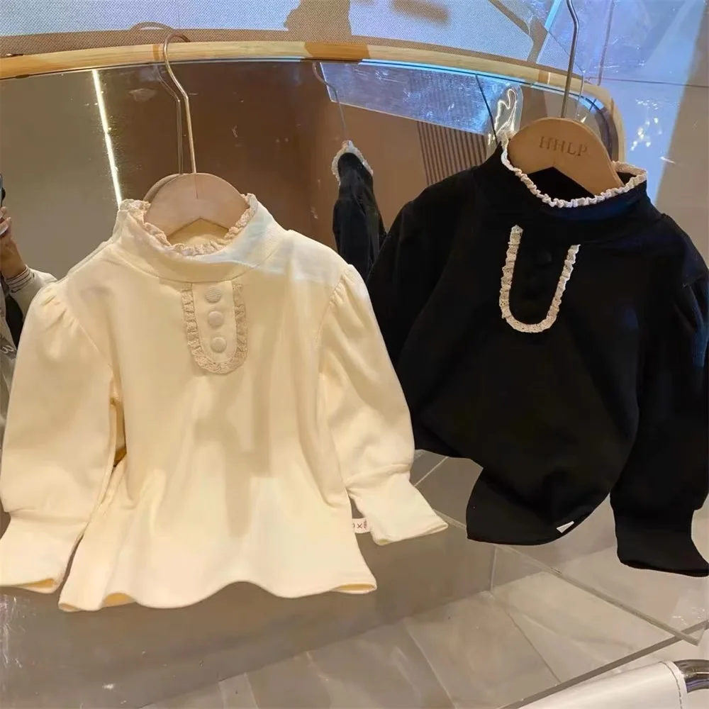 

Кружевная рубашка для девочек с пышными рукавами, кружевная рубашка с оборками и воротником-стойкой, детская модная весенняя одежда в Корейском стиле