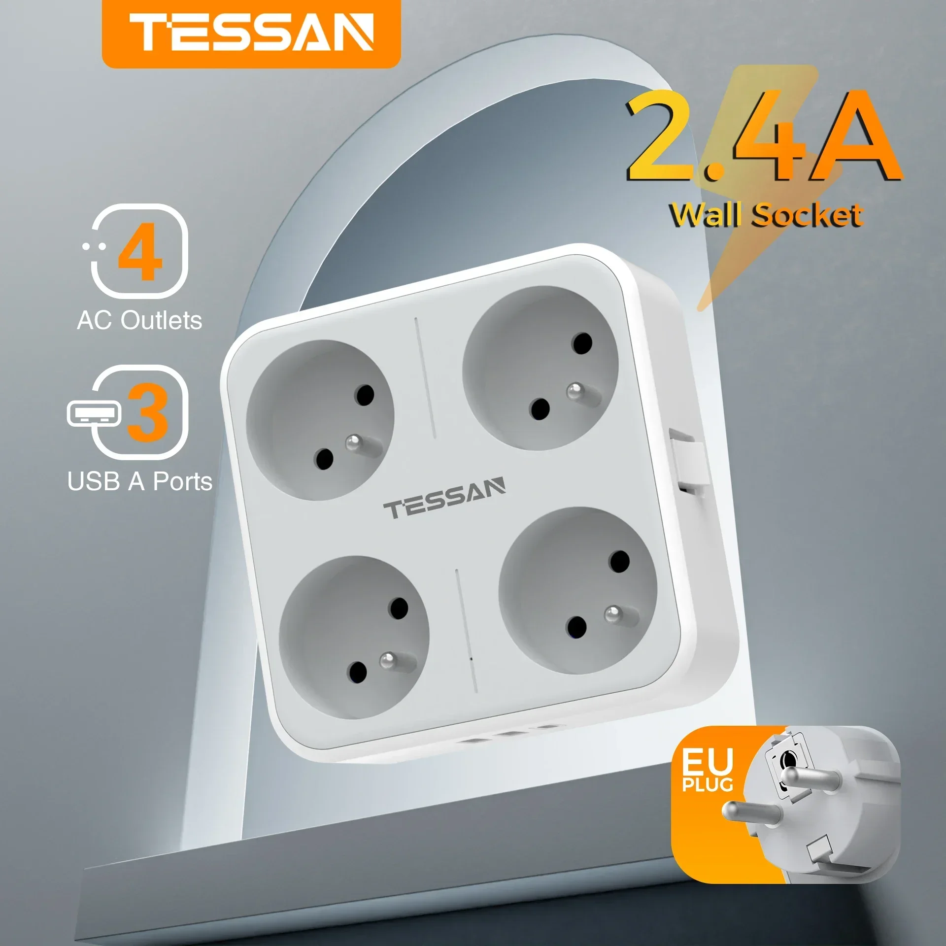 Фото TESSAN 4000 Вт FR в ЕС USB-настенная розетка с 4 французскими розетками Тип C Квадратная дорожная вилка-конвертер с выключателем Электрическая розетка №1