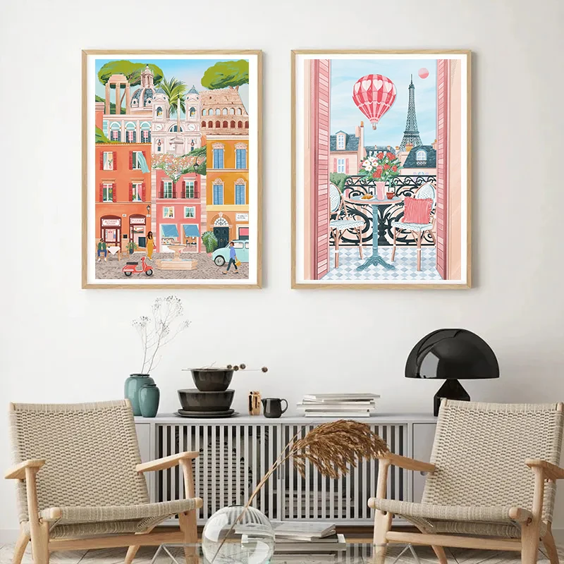 Акварель абстрактный город путешествия Нью-Йорк Санторини Римский Эдинбург