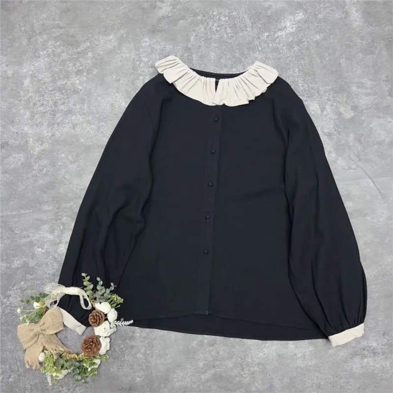 Женские рубашки с оборками Johnature хлопковые в стиле пэчворк воротником-стойкой