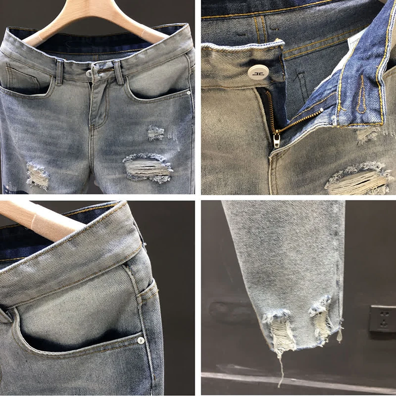 Polarized Jeans Men's Summer 2023 New Trendy Beggar Rotten Pants Slim Light-colored Nine-point Small Foot Pants