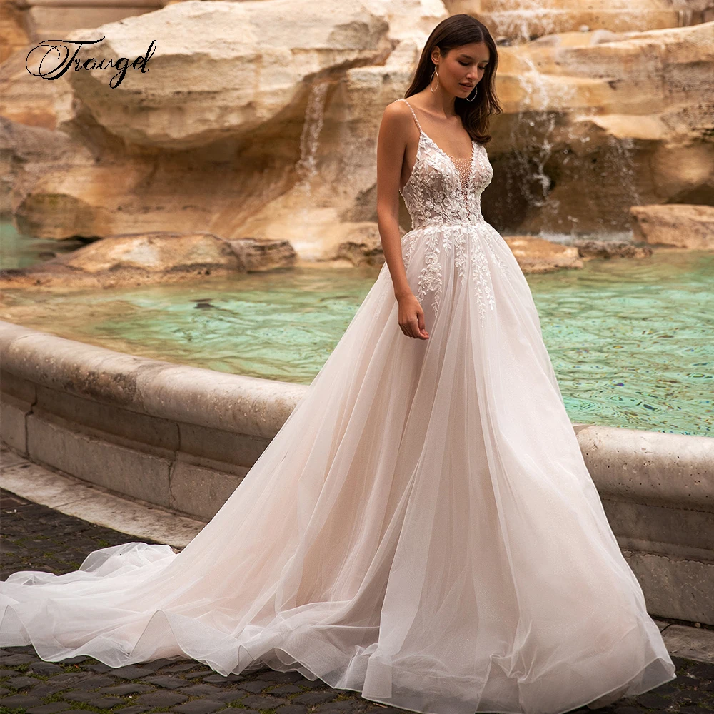 

Traugel Sexy Backless Spaghetti Straps Vintage Wedding Dresses Exquisite V Neck Applique Beaded Court Train A Line Bridal Gown