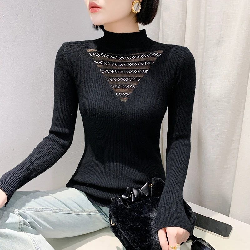 # 4937 черный фиолетовый вязаный свитер женский сетчатый с разрезом бриллианты