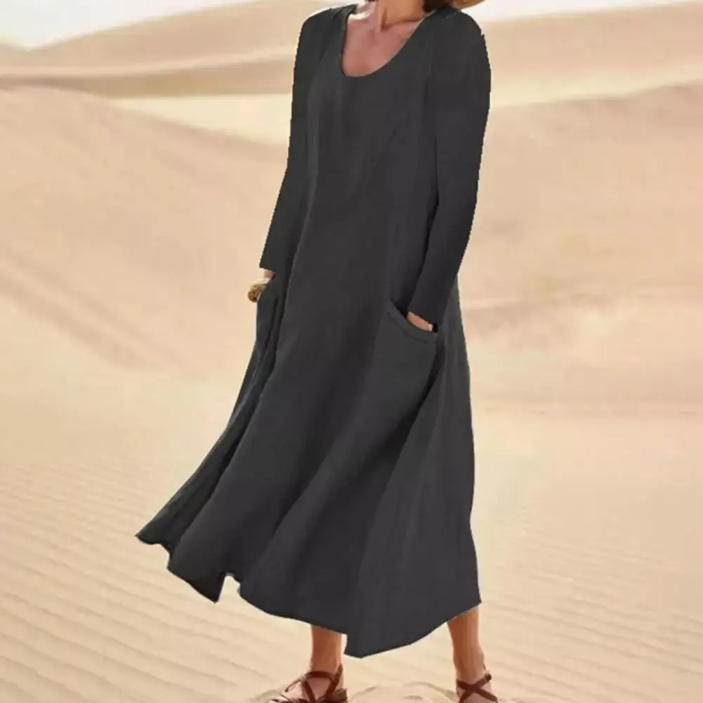 

Women Dress O-Neck Long Sleeve Two Pockets Midi Dress Loose Waist A-Line Women Dress Female Clothing