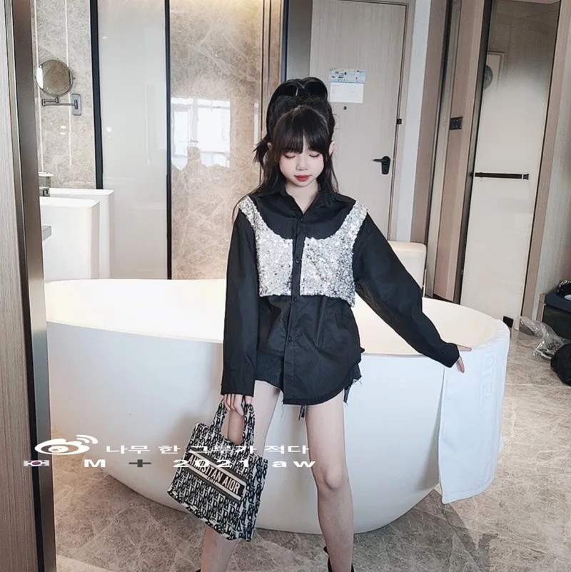 

Детская одежда Новинка Весна 2022 Детская рубашка детская рубашка средней длины модная трендовая рубашка с блестками для девочек