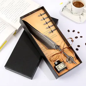 Retro Vintage Calligraphy Feather Pen Long Hair Crown Rod Office Writing Stationery Set Exquisite Black Box Packaging