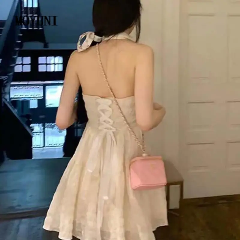 

Korean Kawaii Strap Dress Women Bandage Backless Casual Sexy Mini Dress Female Summer 2021 High Waist Chic Party Sweet Dress