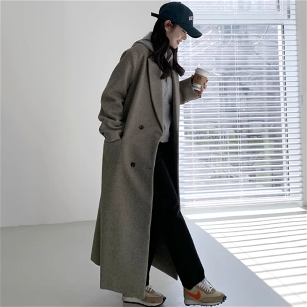 

Зимнее сверхдлинное шерстяное пальто, женское свободное двубортное шерстяное пальто размера