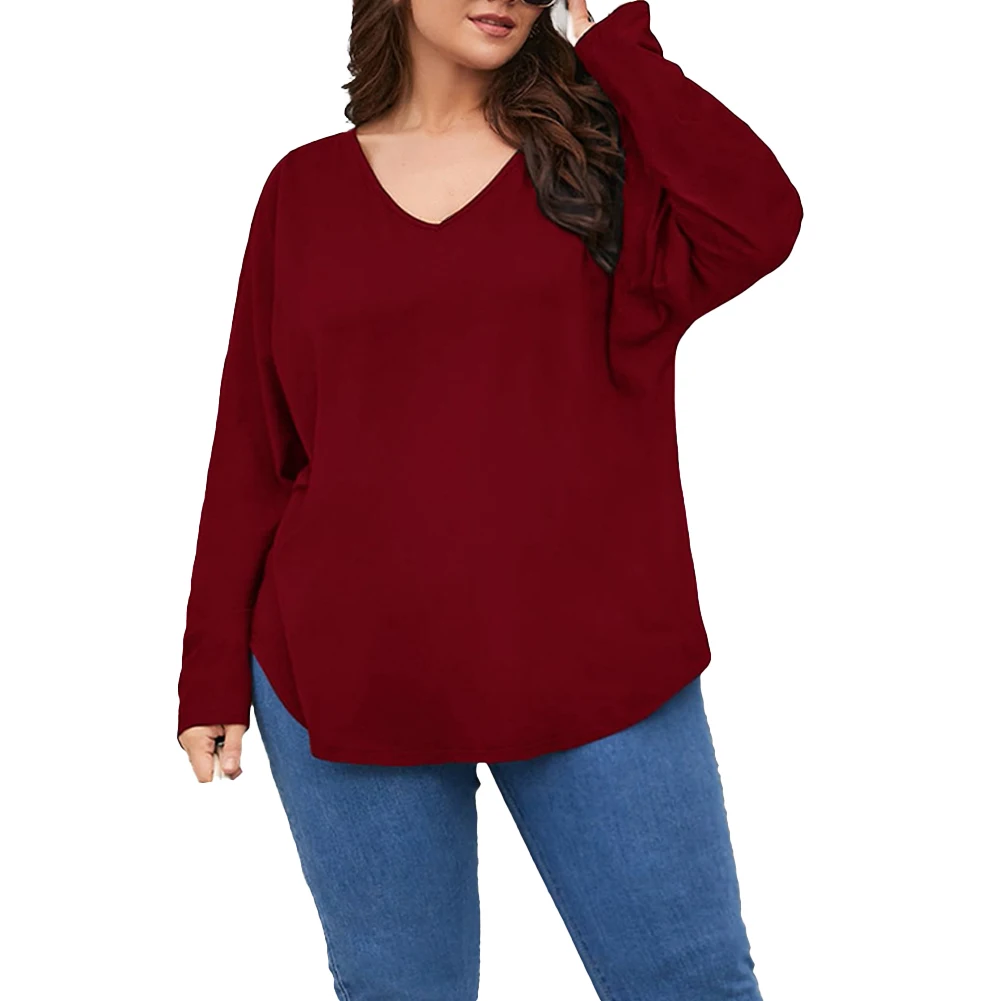 2022 New Autumn And Winter Plus Size Womens Fashion V-neck Pure Cotton Knitted Large Long Sleeve T-shirt L-4XL