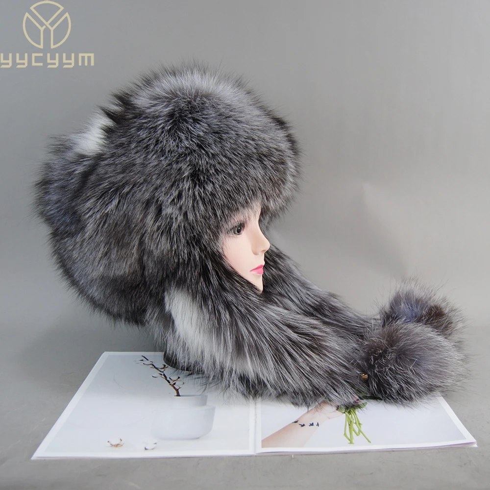 New Fur Hat for Women Natural Raccoon Fox Fur Russian Ushanka Hats Winter Thick Warm Ears Fashion Bomber Cap Black New Arrival