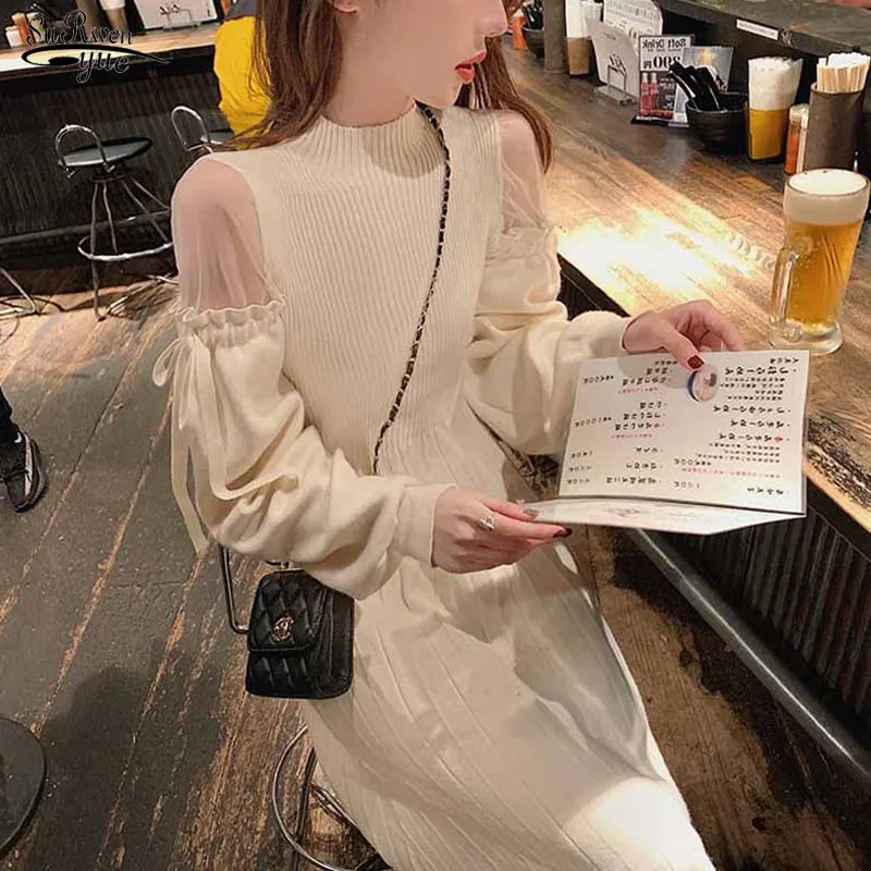

Autumn Winter 2022 Half-Collar Mid-Length Knitted Dress Women Solid Sexy Mesh Stitching Off-Shoulder Long Sleeve Bow Dress 11735