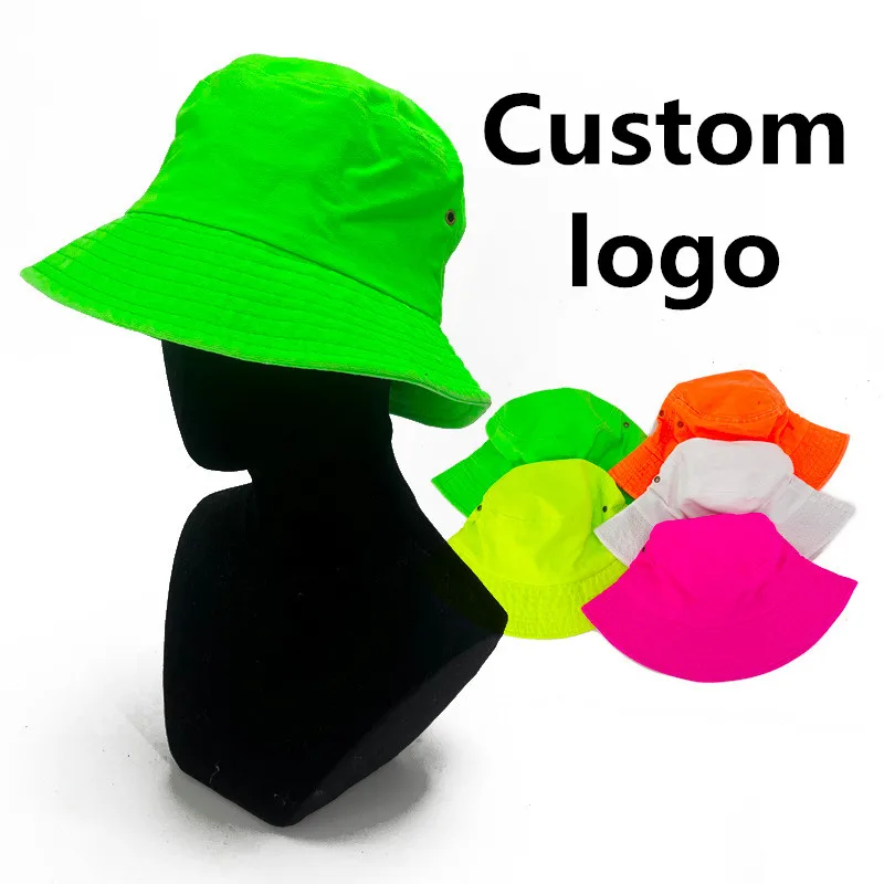 

Adult men women solid custom logo bucket hat Basin cap Washed denim cotton fishing panama gorros fluorescent Fisherman cap
