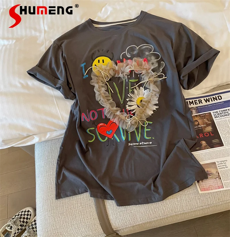 

Female Fashion High Street Graffiti O-neck Short Sleeve T-shirt Women 2022 Summer New Mesh Cartoon Lace Loose Pullover Top Tees
