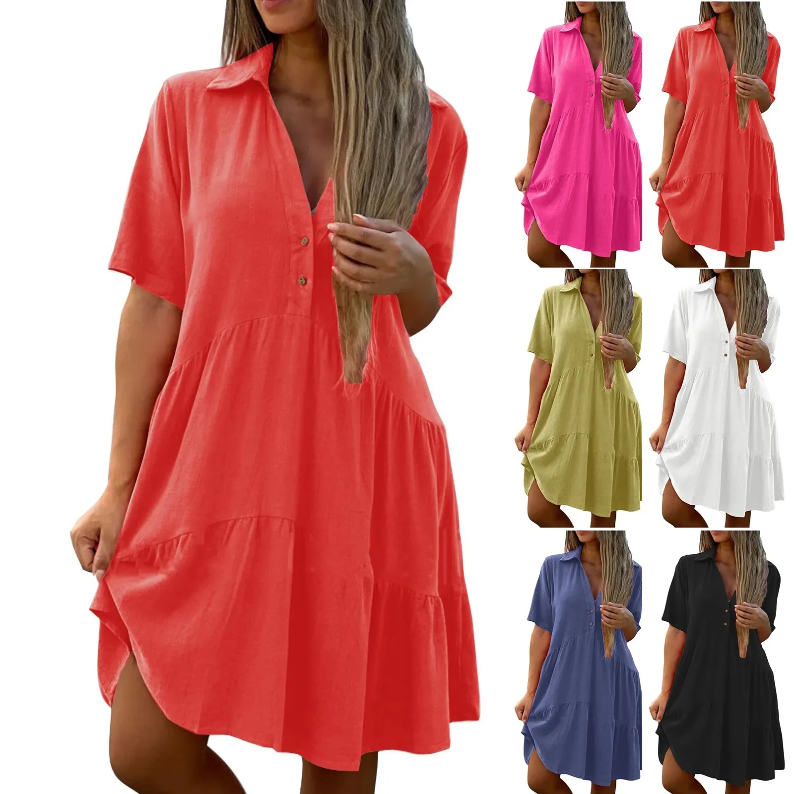 Сплошное цветное простое хлопково-льняное платье женское весеннее свободное с