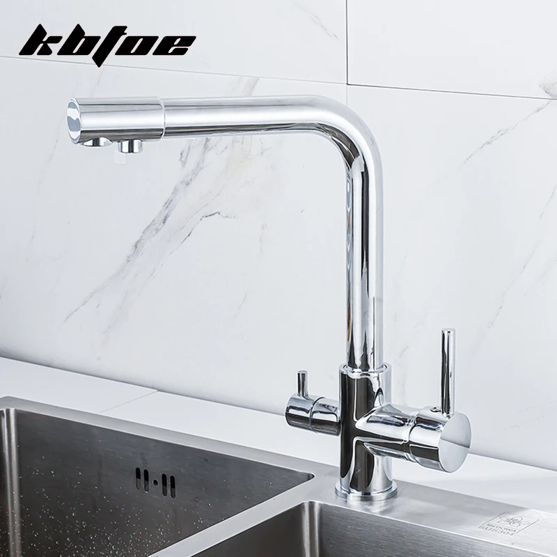 

Chrome Purified Water Kitchen Faucet Dual Handles Hot Cold Mixer Tap Pure Water Filter Faucet Deck Mounted Brass Sink Crane Tap
