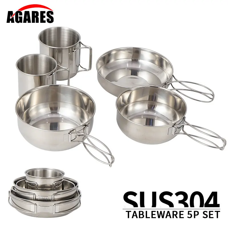 

5pcs Camping Cookware Set Outdoor Portable Picnic Cookware Kit Stainless Steel Travel Tableware Cooking Accessory Bowl Cups Pan