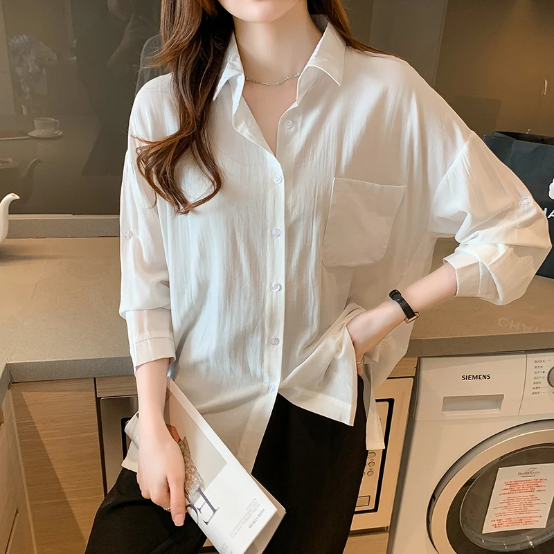 

Женская рубашка с карманами, белая Свободная блузка с длинным рукавом, разрезом и карманами, в Корейском стиле, весна 2022