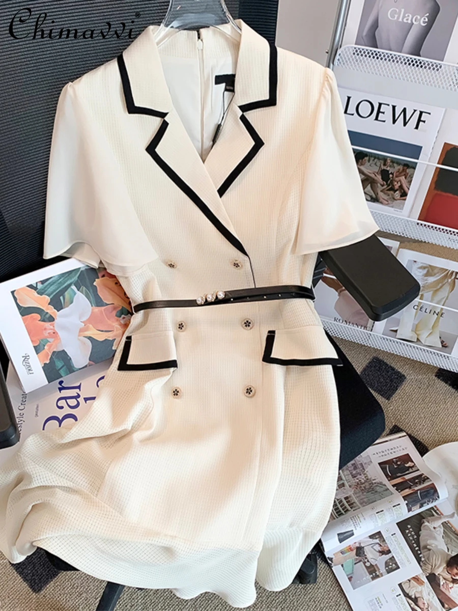 

2022 Summer New Fashion Design Contrast Color High Waist Slimming Dress for Women Elegant Suit Collar Commuter White Dress