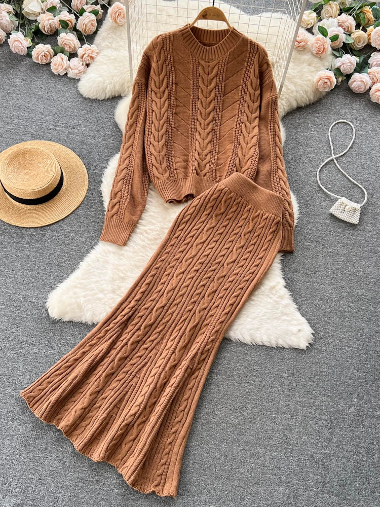 

Autumn Winter Women Fried Dough Twist Suit Round Neck Loose Pullover Sweater+medium Length Fishtail Skirt Two-piece Set D2194