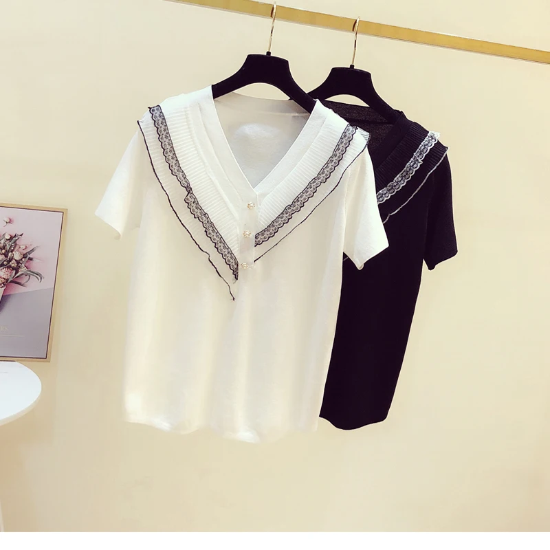 

Lace lace thin women's short-sleeved T-shirt top 2022 summer new Black