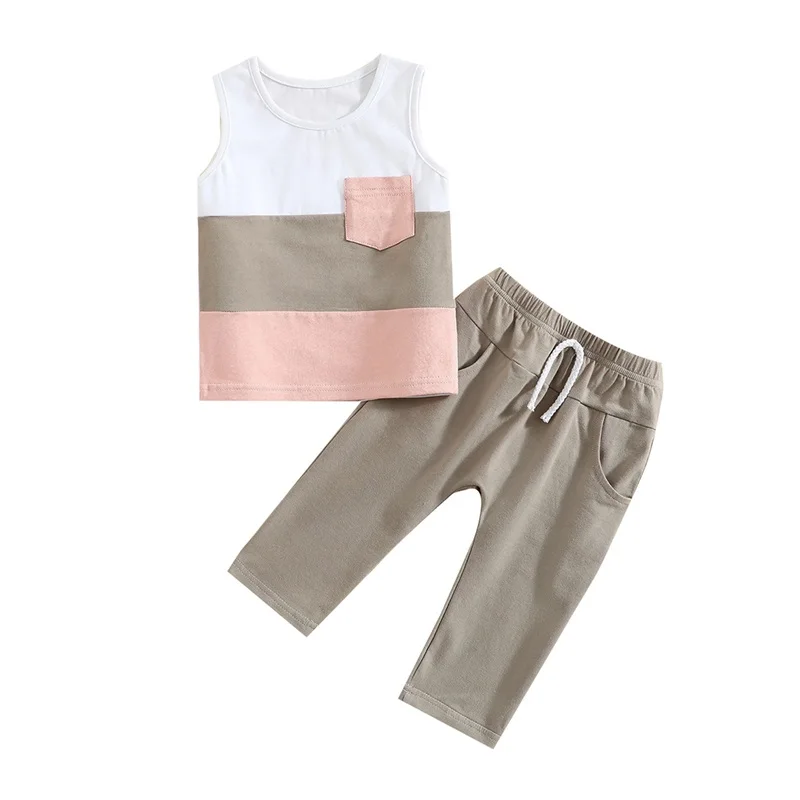 

Baby Boys Summer Outfit Sets Sleeveless O Neck Patchwork Vest + Solid Color Pants